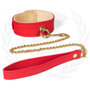 Spartacus Plush Lined PU Red Collar And Chain Leash — Power Play Studio