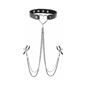 Sportsheets Sex & Mischief Amor Adjustable Collar with Nipple Clamps Black — Power Play Studio