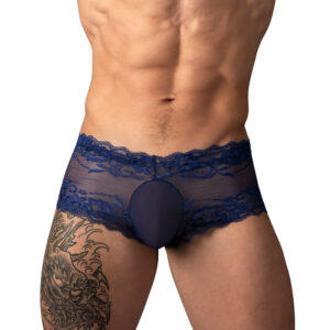 Male Power Sassy Lace Mini Short Sheer Pouch Navy — Power Play Studio