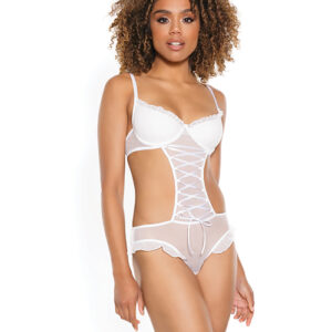 Coquette Stretch Mesh Ruffled Crotchless Teddy White