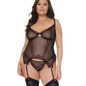 Mesh Underwire Garterbelt Bustier w/G-String Black 1X/2X — Bra & Panty Sets at Power Play Studio
