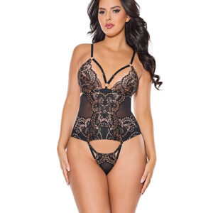 Coquette Lace and Mesh Teddy w/Removable Backless Panty - Black/Rose Gold