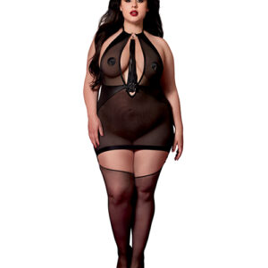 Stretch Mesh and Faux Leather Gartered Chemise w/Removable Flogger - Black QN — Power Play Studio