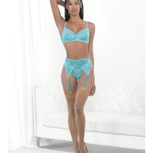 Escante Lace & Mesh Underwire Bra, Garterbelt & G-String Malibu Blue