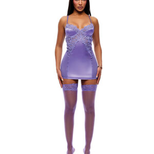 Forplay See It Through Guipure Lace Chemise w/Thong & Stockings - Purple
