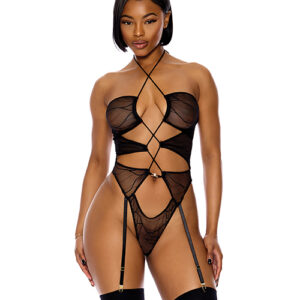 Forplay Pull My Strings Sheer Mesh Halterneck Teddy - Black