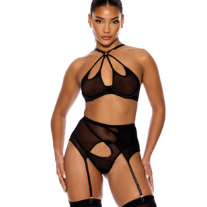 Forplay Feeling Butterflies Mesh Halterneck Bra w/Garter & Panty - Black
