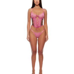 Forplay Animal Instincts Mesh Bustier & Panty 2 pc Set - Pink Leopard