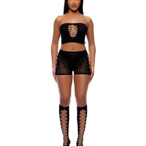 Forplay Cross Your Mind Tube Top w/Boy Short & Open Toe Socks Bodystocking - Black