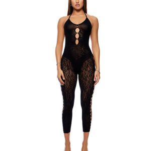 Forplay Cross Your Mind Capri Floral Knit Bodystocking w/Rhinestone Details - Black