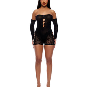 Forplay Cross Your Mind Romper Bodystocking w/Rhinestone Details & Gloves 2 pc Set - Black