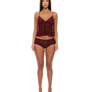 Forplay Velvet Lines Mesh Cami & Boy Short 2 pc Set - Red/Black - Red & Black