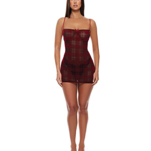 Forplay Velvet Lines Mesh Chemise & Thong 2 pc Set - Red/Black - Red & Black