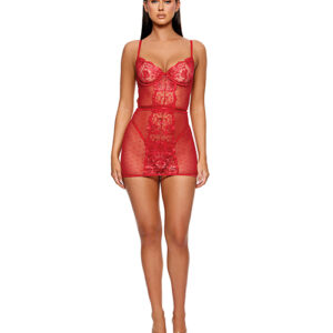 Forplay La Vie En Rose Metallic Embroidered Chemise, Panty & Belt 3 pc Set - Red
