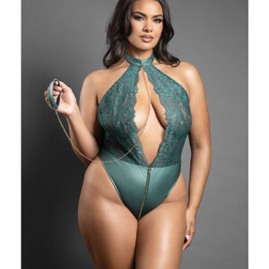 Domina Lace Halter Teddy w/Zipper Detail & Detachable Chain-Link Leash — Power Play Studio