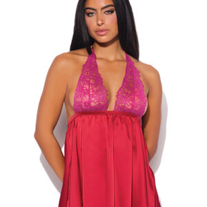 House of Desire Jocelyn Lace & Satin Halter Mini Babydoll Dress w/Thong - Raspberry — Power Play Studio