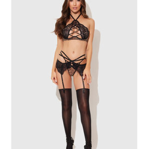 House of Desire Felicia Mesh and Lace Bralette w/Garter & G-String 3 pc Set - Leopard — Power Play Studio
