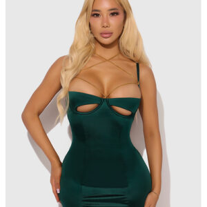 House of Desire Evangeline Satin & Chain Open Cup & Back Chemise & G-String Set - Green — Power Play Studio