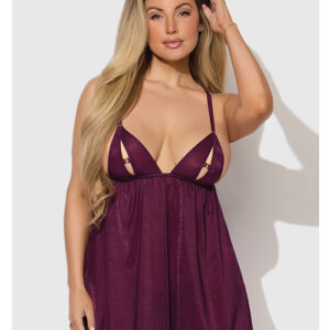 House of Desire Yasmine Shimmer Mesh O-Ring Slit Cup Babydoll & G-String Set - Burgundy — Power Play Studio