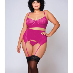 Soft Lace Bra, High Waist Satin & Mesh Garterbelt & G-String Fuchsia 1X — Bra & Panty Sets at Power Play Studio