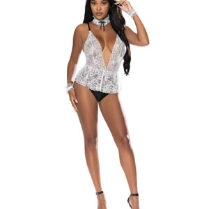 Dress Up Full Service Lace Deep V Teddy w/Collar & Wrist Cuffs — Power Play Studio