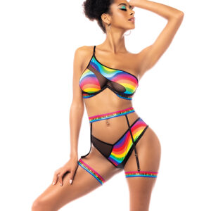 Pride One Shoulder Top, Garter Belt & Panty Black Prints – Rainbow