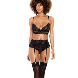Lace Underwire Bra, Thong & Garterbelt w/Lace Up Detail Black
