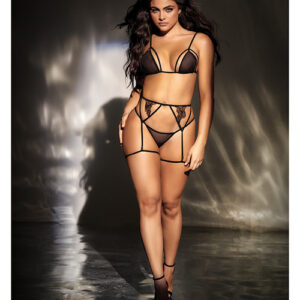 Mesh Top w/Adjustable Coverage, Garter Belt & Thong Black