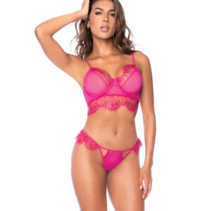 Scallop Lace and Mesh Underwire Bra w/Thong 2 pc Set – Pink