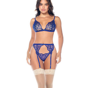 Lace Bralette w/G-String & Garter 3 pc Set – Sapphire Blue