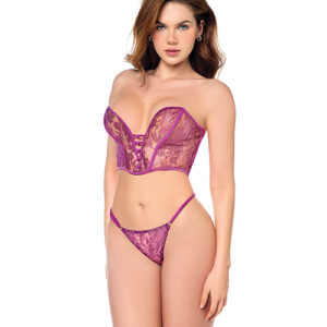 Mesh Bustier & G-String w/Adjustable Sides 2 pc Set – Pink