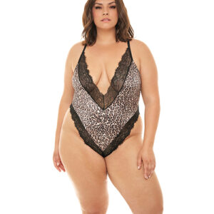Jolene Satin Teddy w/Plunging Neckline Leopard/Black 3X/4X — Power Play Studio