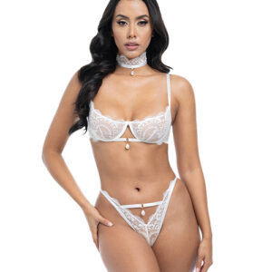 Pearla Lace Underwire Bra & Open Back Panty w/Matching Collar 3 pc Set – White L/XL — Bra & Panty Sets at Power Play Studio