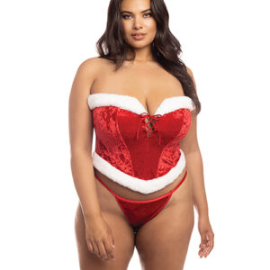 RSVP by Oh la la Cheri Holiday Santa's Entourage Boned Velvet Bustier w/Marabou Trim & G-String Red/White - Red & White — Power Play Studio