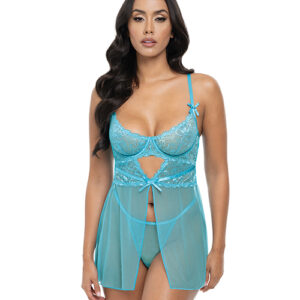 Emma Floral Lace & Mesh Underwire Babydoll w/G-String 2 pc Set – Beach Blue LG — Bra & Panty Sets at Power Play Studio