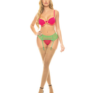 Pink Lipstick Come to Me Bra, Garter Belt & G-String Neon