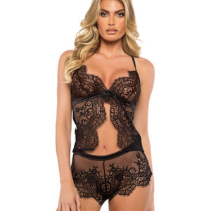 Dreamer's Lust Scalloped Eyelash Lace and Satin 2 pc Camisole Set - Black XL — Power Play Studio