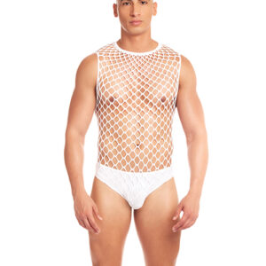 Rene Rofe and Pink Lipstick Rainbow Party Full Effect Large Mesh Unitard 2 pc Set w/Thong - White