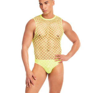 Rene Rofe and Pink Lipstick Rainbow Party Full Effect Large Mesh Unitard 2 pc Set w/Thong - Yellow
