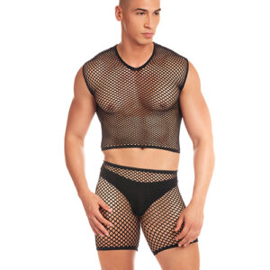 Rene Rofe and Pink Lipstick Rainbow Party Net-Bula Large Mesh Long Brief 3 pc Set w/Thong - Black