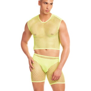 Rene Rofe and Pink Lipstick Rainbow Party Net-Bula Large Mesh Long Brief 3 pc Set w/Thong - Yellow