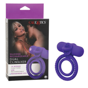 Couple's Enhancer Silicone Rechargeable Dual Climaxer Enhancer w/Flickering Tongue - Purple — Wearable Couples Vibrators — Power Play Studio