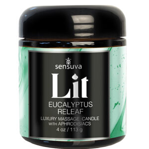 Sensuva Lit Eucalyptus & Tea Leaf Releaf Luxury Massage Candle - 4 oz — Power Play Studio