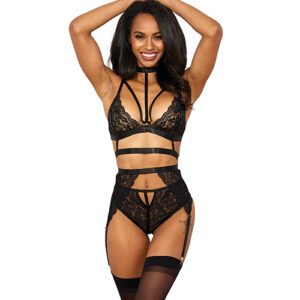 Showtime Stretch Lace w/Satin Elastic Bra, Garter Belt & G-String Panty Black XXL