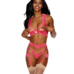 Showtime Lace Underwire Peek a Boo Bra, Garterbelt & G-String Coral XXL