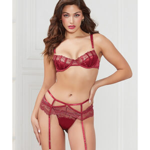 Seven 'til Midnight Stretch Satin & Lace Balconette Cup & Garter Panty Wine - Red