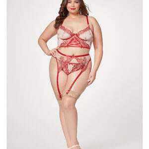 Seven 'til Midnight Sheer Stretch Mesh w/Floral Contrast Embroidery Bustier, Garter Belt & Thong Red/Nude
