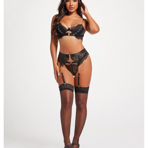 Seven 'til Midnight Scalloped Lace Bra w/Gold Chain, Garter Belt & Thong Black