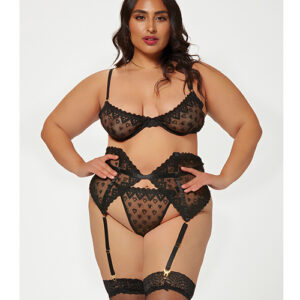 Seven 'til Midnight Valentines Heart Embroidered Mesh Bra, Waspie & Panty Black