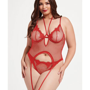 Seven 'til Midnight Stretch Mesh and Lace Cami w/Thong 2 pc Set - Red